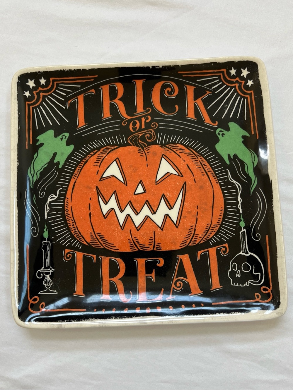 Janelle Penner Halloween 8.5” Square Plate Trick or Treat Ghost Skull Candle